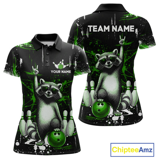 Custom Green Funny Raccoon Bowling Shirt for Women Bowling Jersey Polo & 1/4-Zip Bowling Outfit QZT892