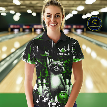 Custom Green Funny Raccoon Bowling Shirt for Women Bowling Jersey Polo & 1/4-Zip Bowling Outfit QZT892