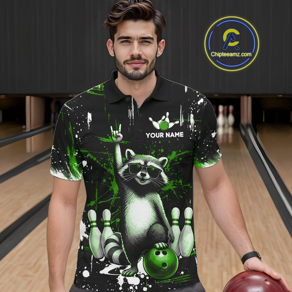 Custom Green Funny Raccoon Bowling Shirt for Men Bowling Jersey Polo & 1/4-Zip Bowling Outfit QZT892