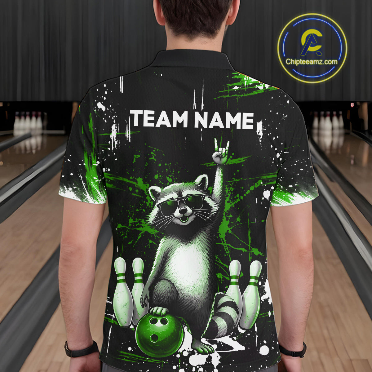 Custom Green Funny Raccoon Bowling Shirt for Men Bowling Jersey Polo & 1/4-Zip Bowling Outfit QZT892