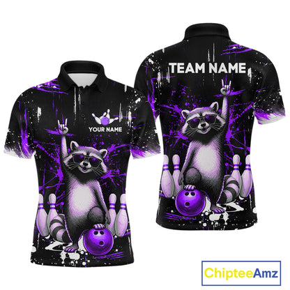 Custom Purple Funny Raccoon Bowling Shirt for Men Bowling Jersey Polo & 1/4-Zip Bowling Outfit QZT892