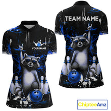 Load image into Gallery viewer, Custom Blue Funny Raccoon Bowling Shirt for Women Bowling Jersey Polo &amp; 1/4-Zip Bowling Outfit QZT892