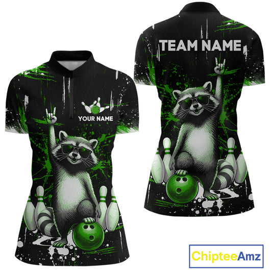 Custom Green Funny Raccoon Bowling Shirt for Women Bowling Jersey Polo & 1/4-Zip Bowling Outfit QZT892