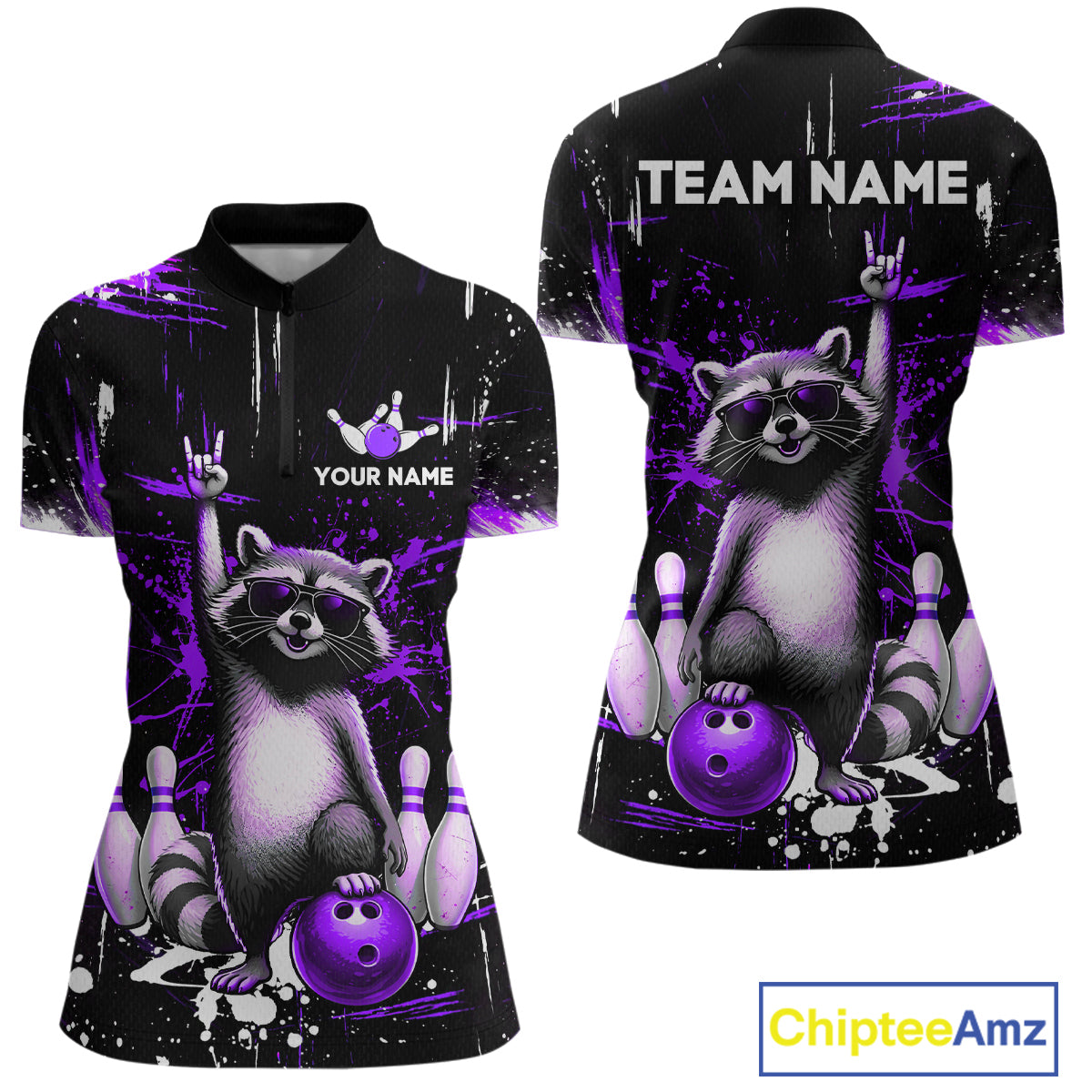 Custom Purple Funny Raccoon Bowling Shirt for Women Bowling Jersey Polo & 1/4-Zip Bowling Outfit QZT892