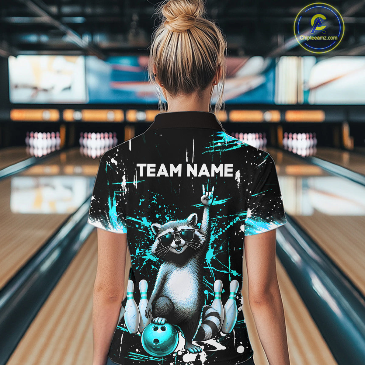 Custom Turquoise Funny Raccoon Bowling Shirt for Women Bowling Jersey Polo & 1/4-Zip Bowling Outfit QZT892