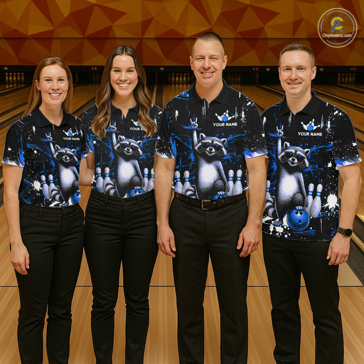 Custom Blue Funny Raccoon Bowling Shirt for Women Bowling Jersey Polo & 1/4-Zip Bowling Outfit QZT892