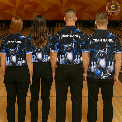 Custom Blue Funny Raccoon Bowling Shirt for Women Bowling Jersey Polo & 1/4-Zip Bowling Outfit QZT892