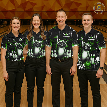 Custom Green Funny Raccoon Bowling Shirt for Men Bowling Jersey Polo & 1/4-Zip Bowling Outfit QZT892