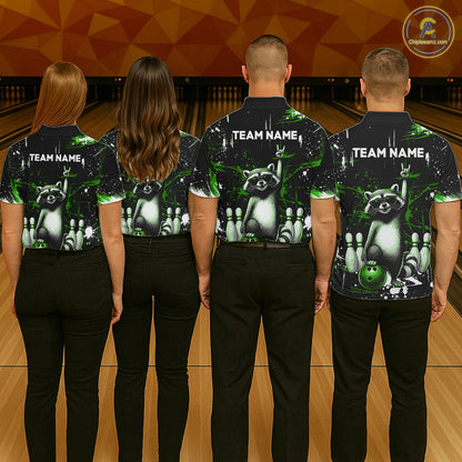 Custom Green Funny Raccoon Bowling Shirt for Men Bowling Jersey Polo & 1/4-Zip Bowling Outfit QZT892