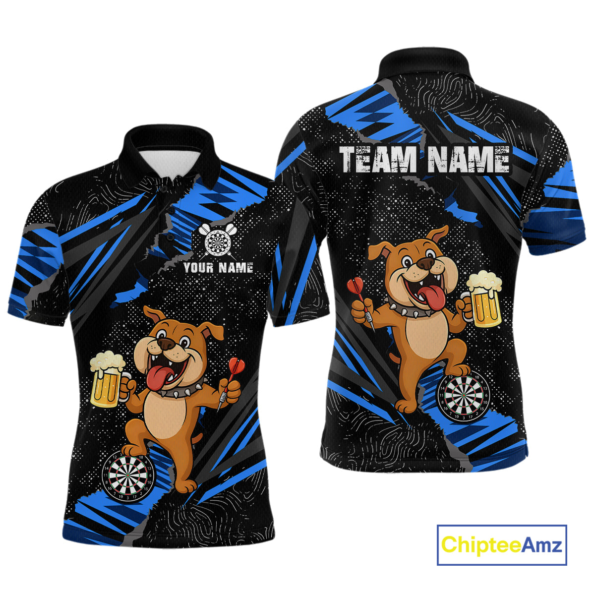 Blue Funny Bulldog Dart Team Shirt for Men Custom Dart Jersey Dartboard Shirt DHT28