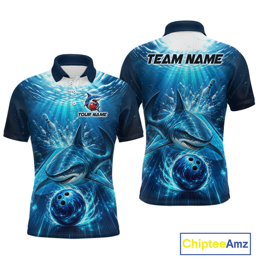 Blue polo shirt with shark design and customizable text on a white background