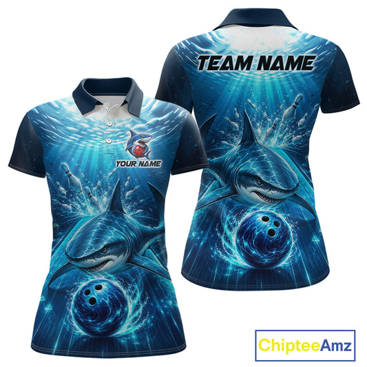 Blue shark-themed bowling shirt with customizable text on a white background