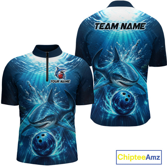 Blue sports jersey with shark design and customizable text on a white background