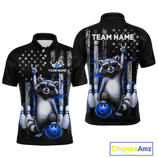 Two views of american flag polo shirt with raccoon design and customizable text on a white background