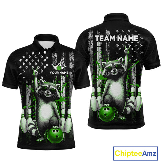 Two views of american flag polo shirt with raccoon design and customizable text on a white background