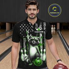 Load image into Gallery viewer, Man wearing a black shirt with a raccoon design in a bowling alley