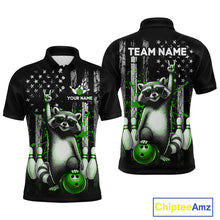Load image into Gallery viewer, Two views of american flag polo shirt with raccoon design and customizable text on a white background