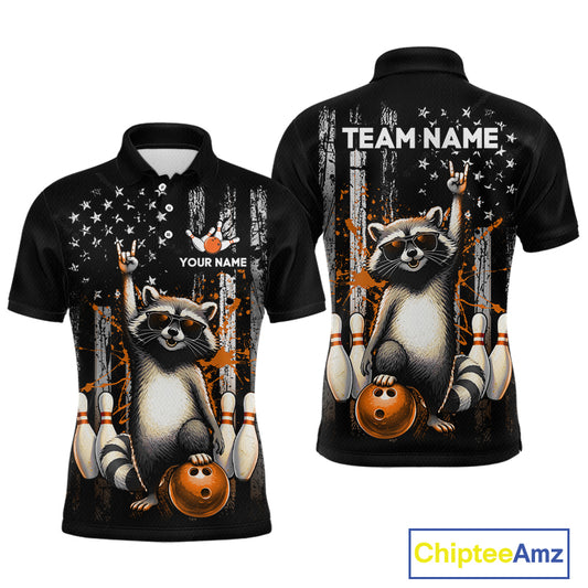 Two views of american flag shirt with raccoon design on front and back, featuring American flag and bowling elements, with 'Chiptee Amz' branding.