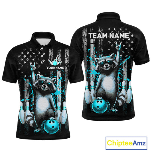 Two views of American flag polo shirt with raccoon design and customizable text on a white background