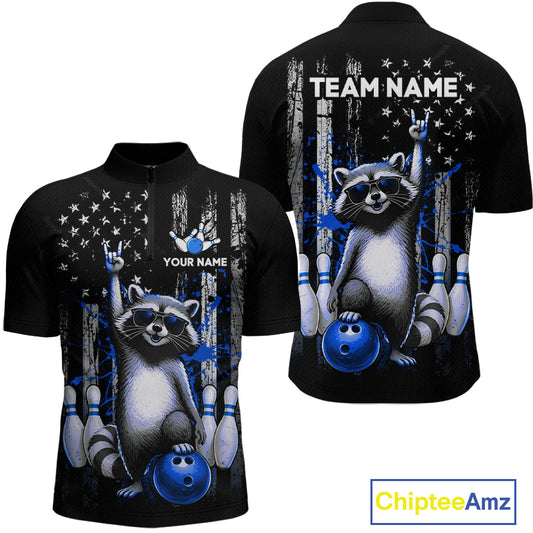 Two views of quarter-zip jersey with raccoon design and customizable text on a white background
