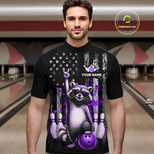 Load image into Gallery viewer, Man wearing a black bowling shirt with a raccoon design in a bowling alley.