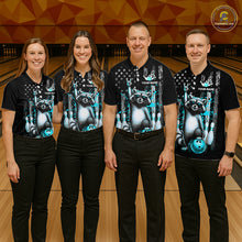 Load image into Gallery viewer, Four people wearing matching black shirts with a raccoon and bowling ball design on a bowling alley.