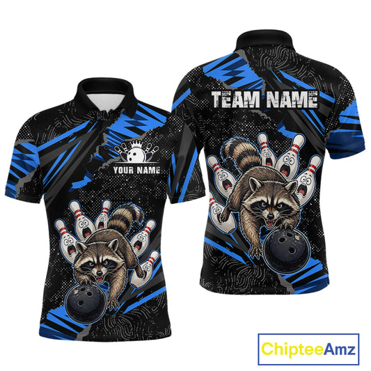 Personalized Blue Raccoon Bowling Shirt for Men Bowling Jersey League Polo & 1/4-Zip Outfit QZT1014