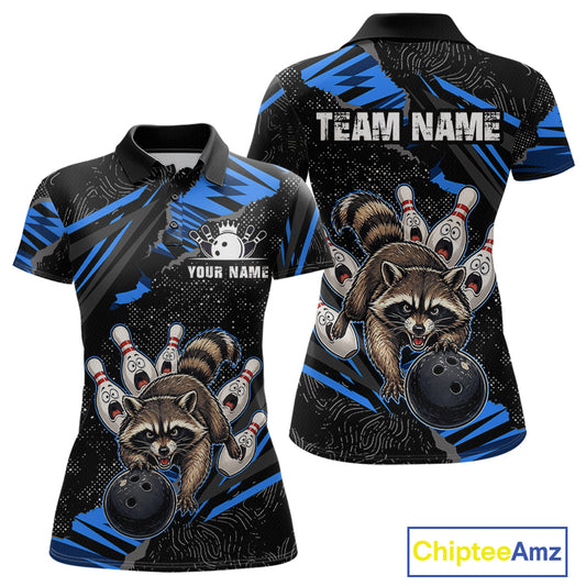 Personalized Blue Raccoon Bowling Shirt for Women Bowling Jersey League Polo & 1/4-Zip Outfit QZT1014