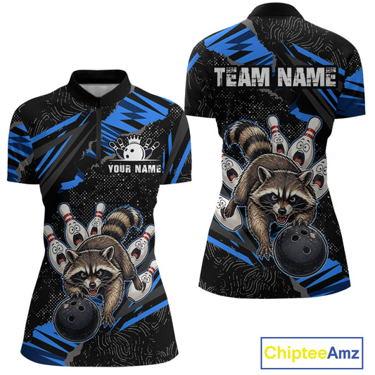 Personalized Blue Raccoon Bowling Shirt for Women Bowling Jersey League Polo & 1/4-Zip Outfit QZT1014