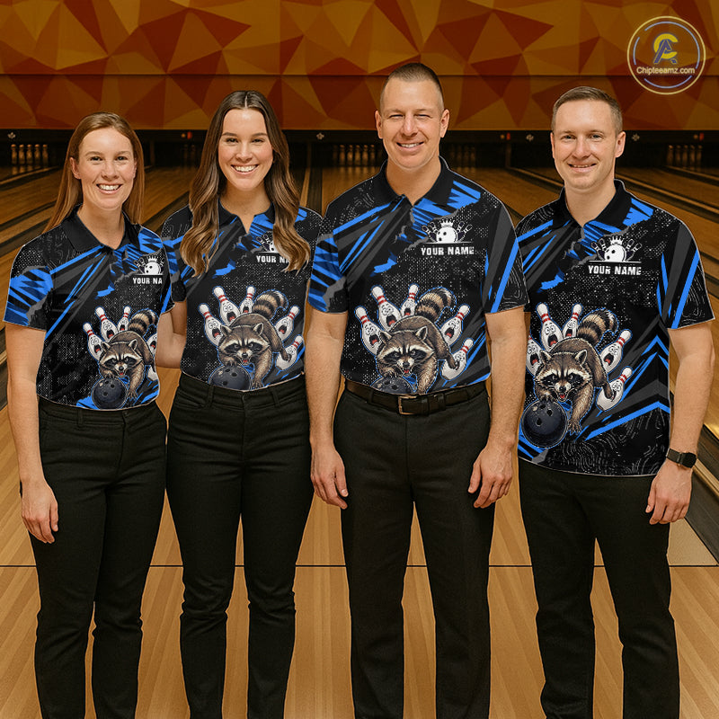 Personalized Blue Raccoon Bowling Shirt for Men Bowling Jersey League Polo & 1/4-Zip Outfit QZT1014