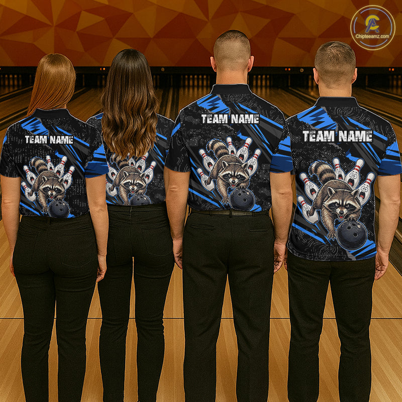 Personalized Blue Raccoon Bowling Shirt for Men Bowling Jersey League Polo & 1/4-Zip Outfit QZT1014