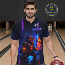 Load image into Gallery viewer, Man wearing custom navy alligator bowling polo shirt front view featuring a glowing bowling ball and neon blue purple artwork, displaying Your Name, at the bowling alley