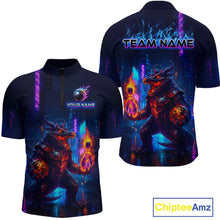 Load image into Gallery viewer, Front and back view custom navy alligator bowling quarter-zip shirt featuring a fiery reptile, glowing bowling ball and neon blue purple pattern, displaying Your Name and Team Name