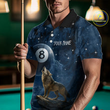 Load image into Gallery viewer, Person wearing a blue polo shirt with a wolf and number 8 design, holding a pool cue in a billiards setting.