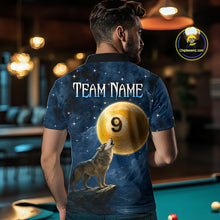 Load image into Gallery viewer, Man wearing a shirt with a wolf and pool ball design in a bar setting