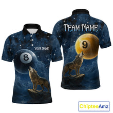 Load image into Gallery viewer, Two views of polo shirts with wolf and pool ball designs, one with 'Your Name' and 'Team Name' text, the other with a 9-ball design, on a white background.