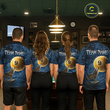 Load image into Gallery viewer, Four people wearing matching shirts with a design of a wolf, number 9, and 'Team Name' text in a pool hall.
