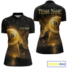 Load image into Gallery viewer, Custom short-sleeve quarter-zip jersey shown from the front and back, featuring a dark cosmic print with stars, a glowing gold moon with the number 9, a howling wolf on a rock, and placeholder text 'TEAM NAME' and 'YOUR NAME'.