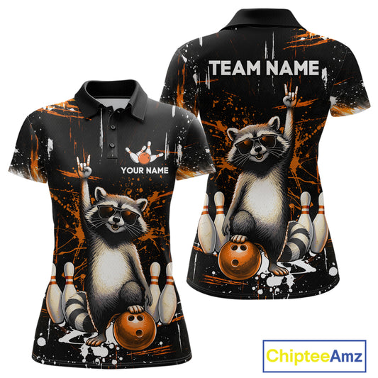 Orange Funny Raccoon Bowling Team Shirt Customized Bowling League Polo & 1/4 Zip Gift for Women QZT852