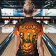 Load image into Gallery viewer, Custom Orange Bowling Team Shirt for Women Funny Pumkin Bowling Jersey Halloween QZT774