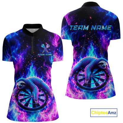 Front and back views of a short-sleeve quarter-zip jersey featuring a cosmic nebula design in purple, blue, and pink, with a sloth curled around a dartboard and customizable text areas on the chest and back.