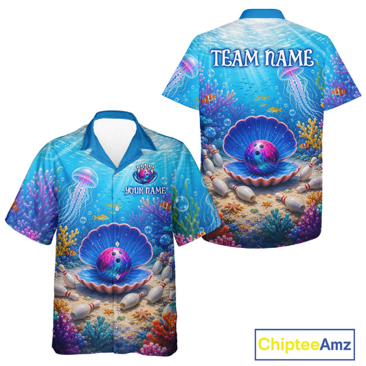 Colorful ocean-themed shirt with pearl design on a white background