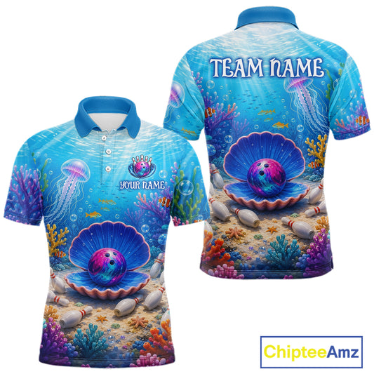 Colorful polo shirt with ocean-themed design on a white background