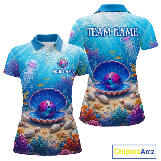 Colorful polo shirt with ocean-themed design and customizable text on a white background