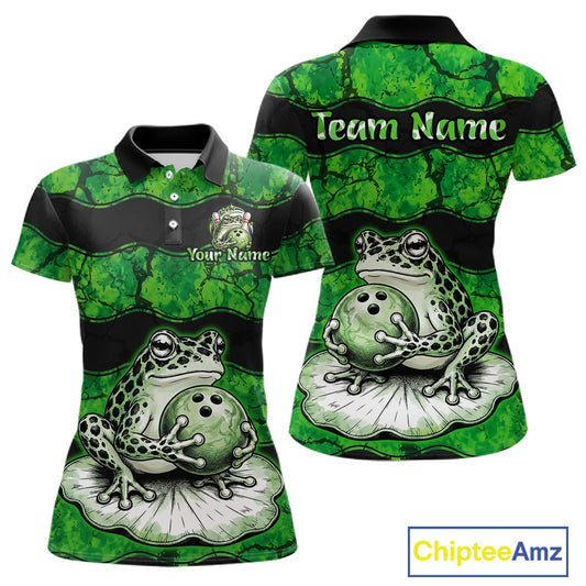 A green and black short-sleeve polo shirt shown from both front and back, featuring a frog and bowling ball graphic, customizable text placeholders, and a ChipteeAmz logo in the corner.