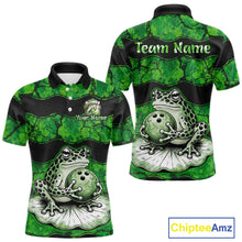 Load image into Gallery viewer, Custom green and black short-sleeve polo shirt with frog and bowling ball graphic, shown in front and back views with placeholder text 'Team Name' and 'Your Name'.