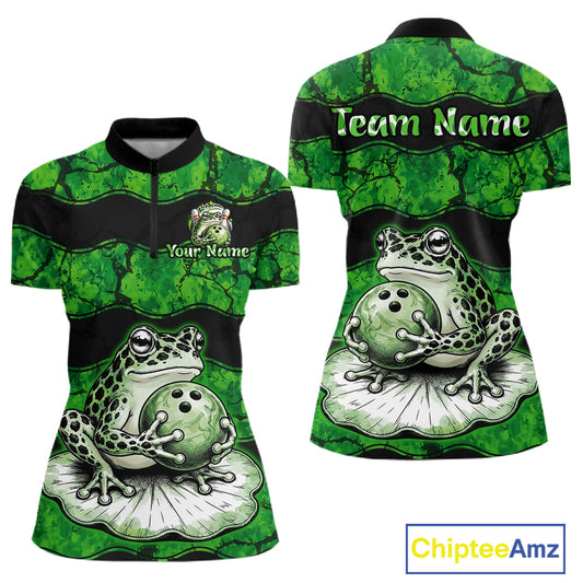Front and back views of a green frog-themed short-sleeve quarter-zip jersey with black collar and chest band, featuring a large frog and bowling ball graphic, customizable text placeholders, and a ChipteeAmz logo on a white background.