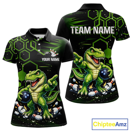 Custom short-sleeve polo shirt shown from the front and back, featuring a green dinosaur graphic with bowling pins and bowling balls on a black and neon green hexagonal patterned background. Includes customizable text placeholders 'YOUR NAME' and 'TEAM NAME'.
