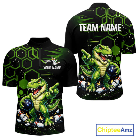 Black short-sleeve quarter-zip jersey shown from front and back with a green cartoon dinosaur graphic, green hexagon pattern, white 'TEAM NAME' and 'YOUR NAME' text, and a ChipteeAmz logo in the bottom right.