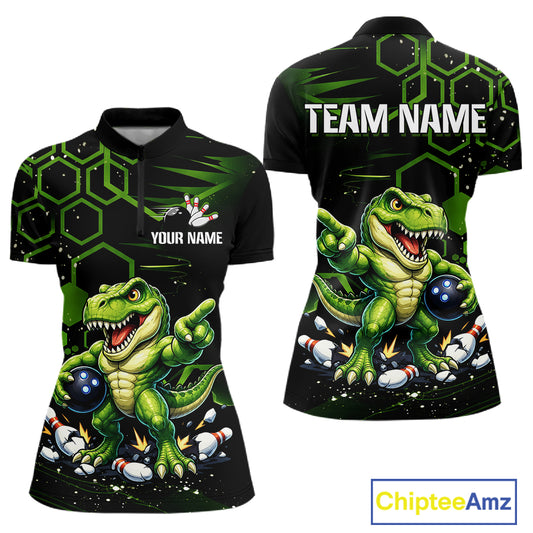 Front and back views of a black short-sleeve quarter-zip jersey featuring a green cartoon dinosaur graphic, white hexagonal patterns, and customizable text placeholders 'YOUR NAME' and 'TEAM NAME'.
